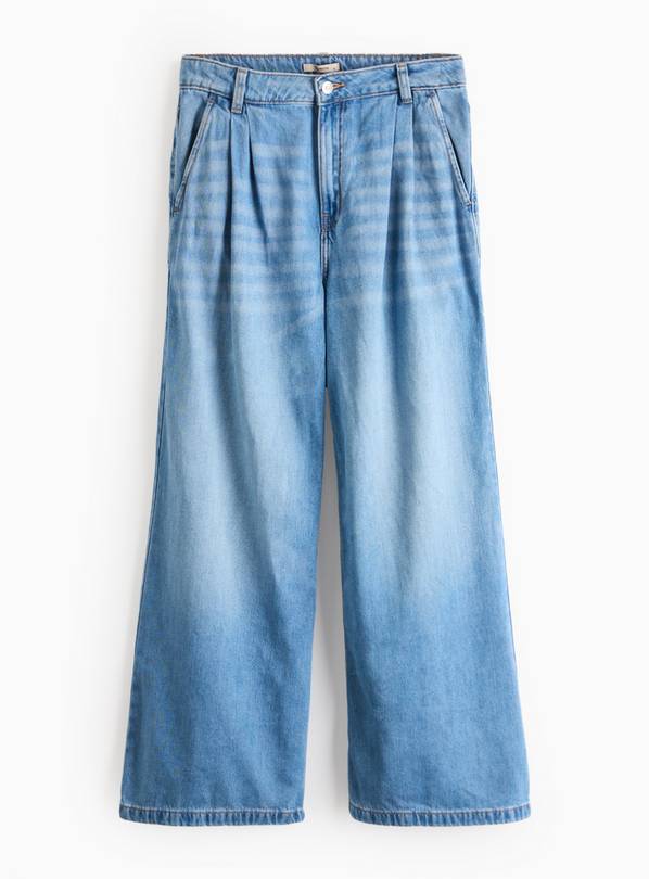 PETITE Mid Rinse Pleated Ultra Wide Leg Denim Jeans 22